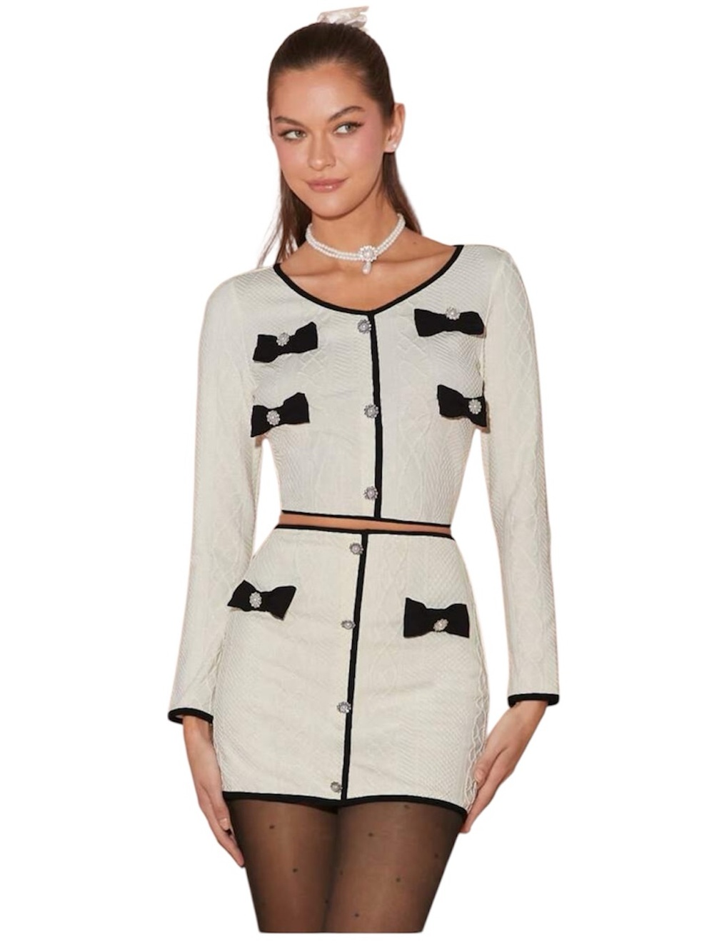 Enchnt Ivory Two-Piece Knit Set with Black Trim & Bow Accents